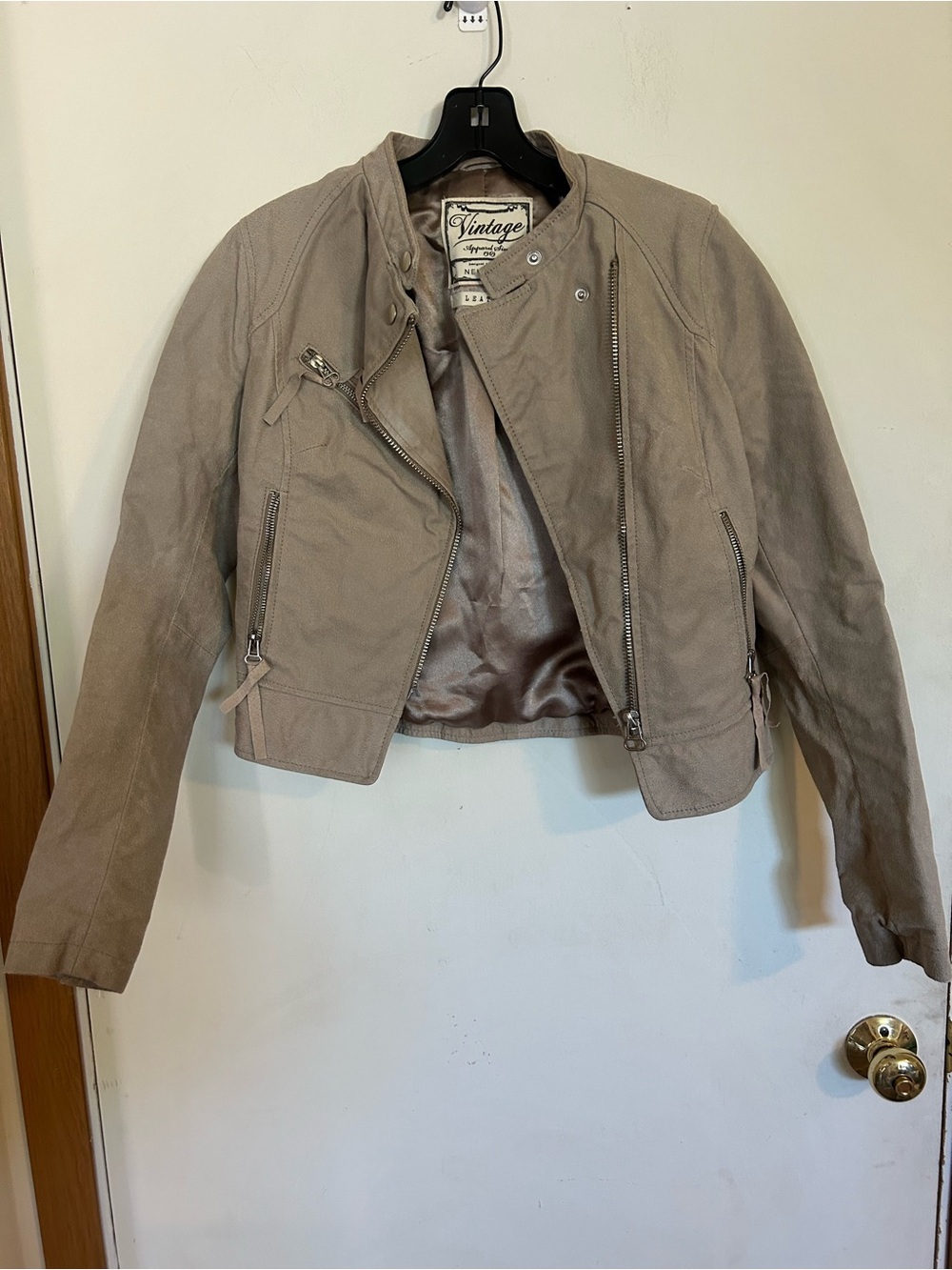 New Look Size 6 Real Leather Biker Jacket Beige Grey Summer Bomber Jacket